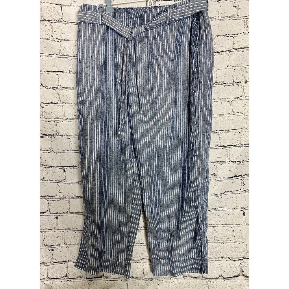NWT Chico's Blue White Linen Pin Striped Pants Size 2 Cropped Nautical Beach